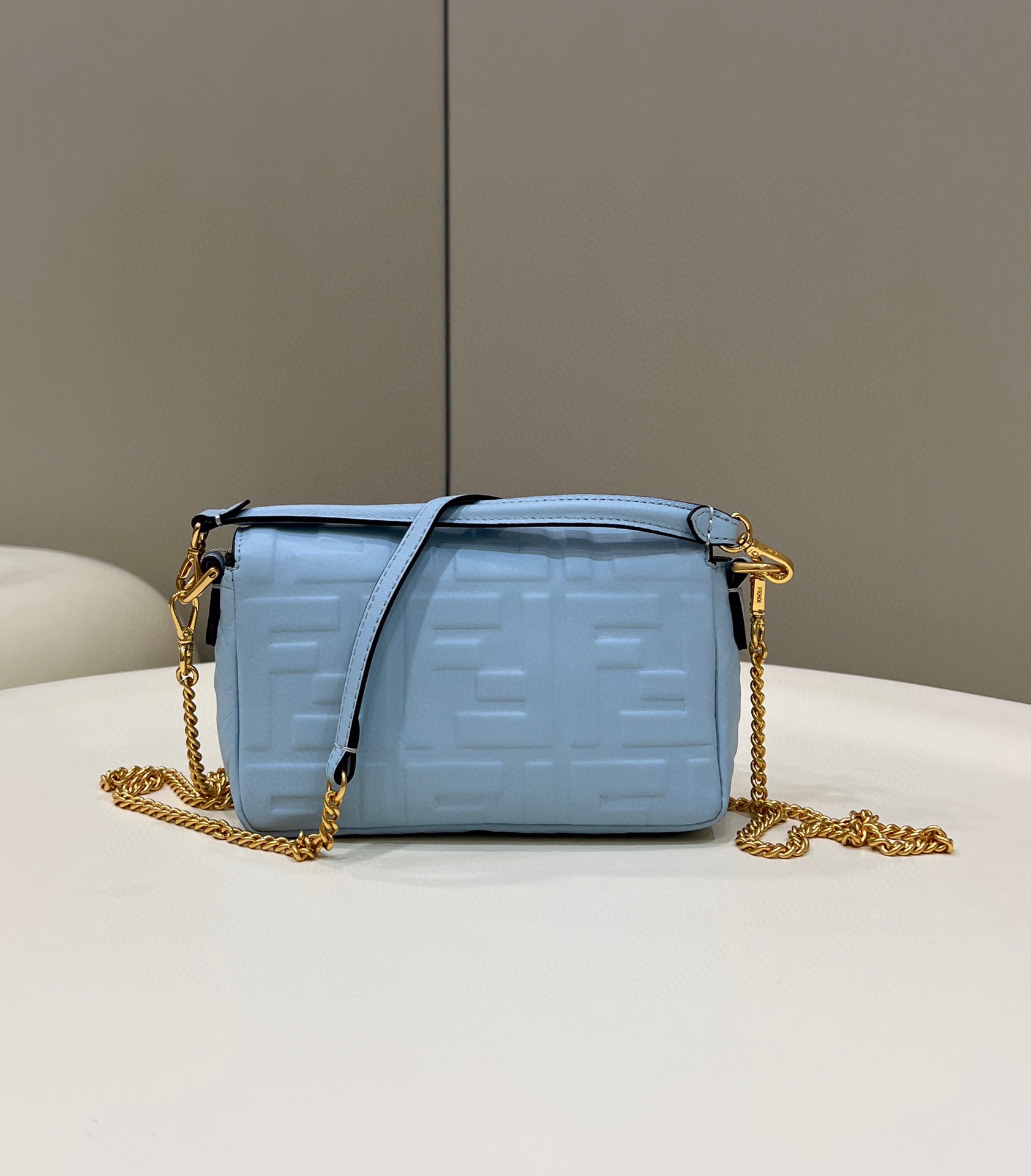 Fendi Mini Baguette Nappa Leather 3D-effect FF Shoulder Bag Light Blue 